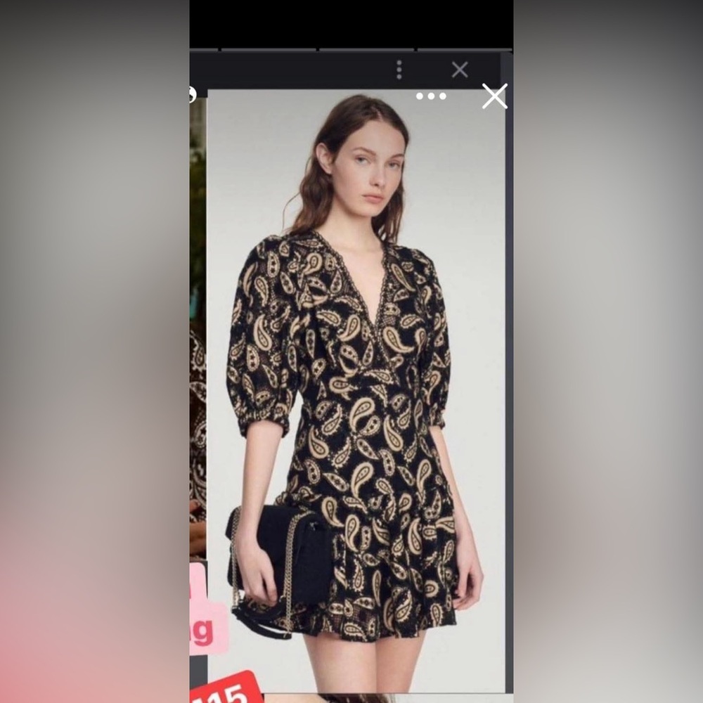 Sandro Black and Cream Paisley Long Sleeve Dress